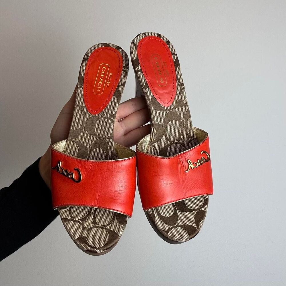 Coach Vintage Y2K Brown and Red Orange Signature C Monogram Wooden Sandals - Picture 3 of 7